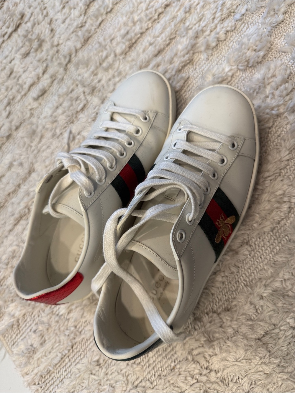 Gucci White Leather Sneakers with Red & Navy Stripe and Gold Bee